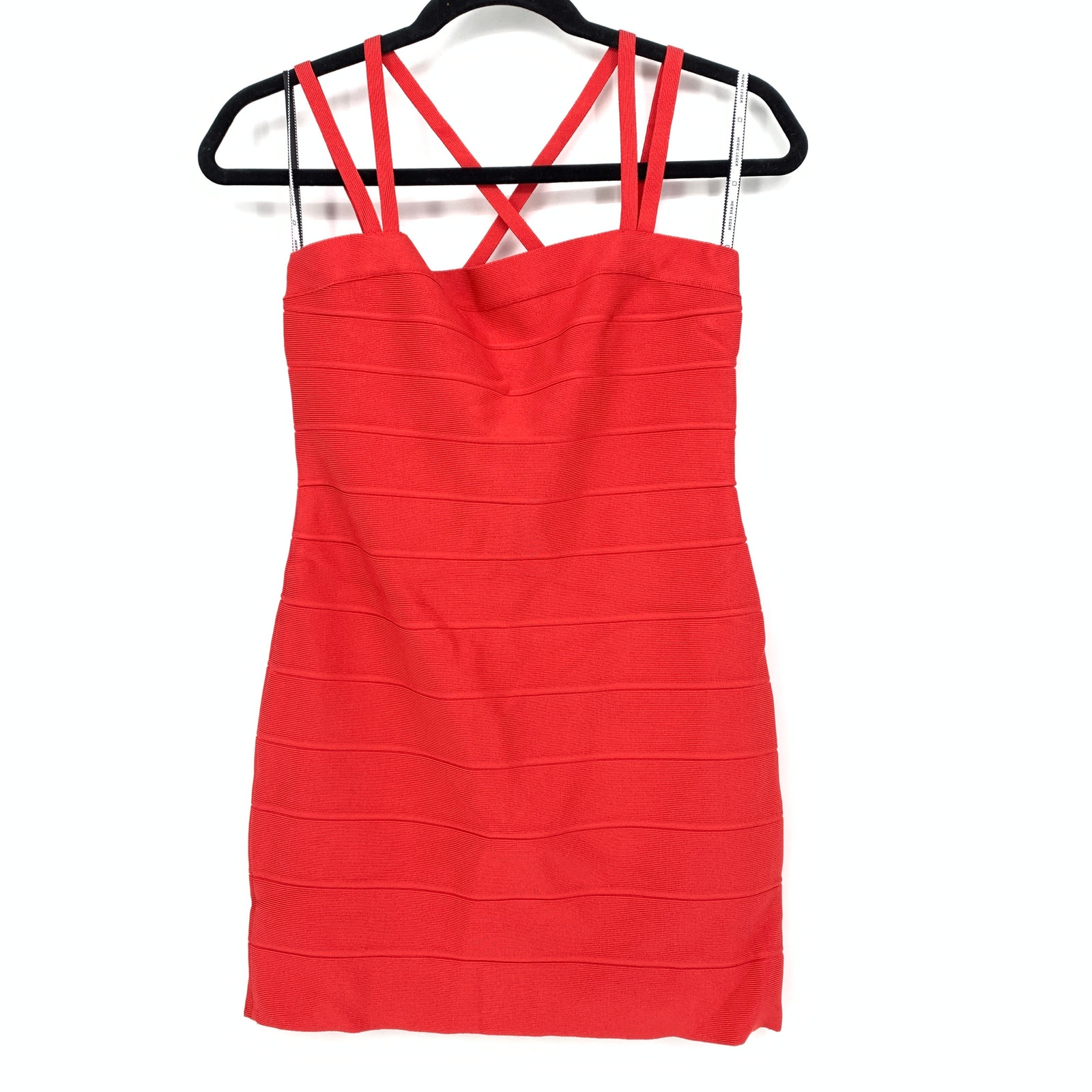 Herve Leger Mini Bandage Dress Womens Sz L Coral Poppy Criss Cross Back New